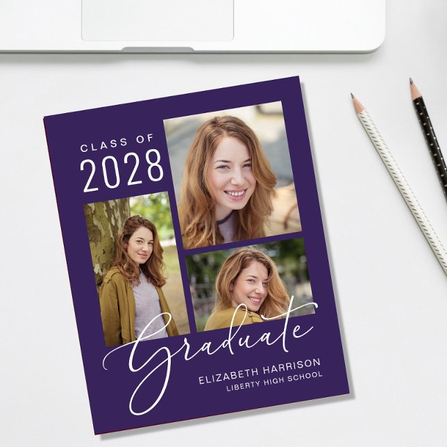 Faire-part de remise de diplôme violet avec script (An elegant photo collage graduation announcement to celebrate the graduate's achievements)