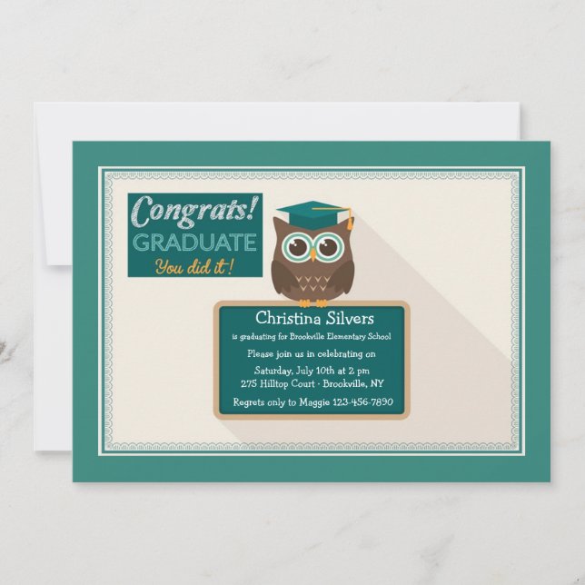 Faire-part de remise de diplômes au hibou sur tabl (Devant)