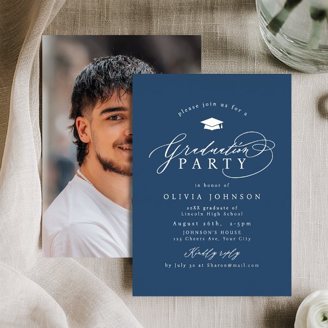Faire-part de remise de diplômes avec calligraphie (Navy Silver Modern Calligraphy Photo Graduation Foil Invitation)
