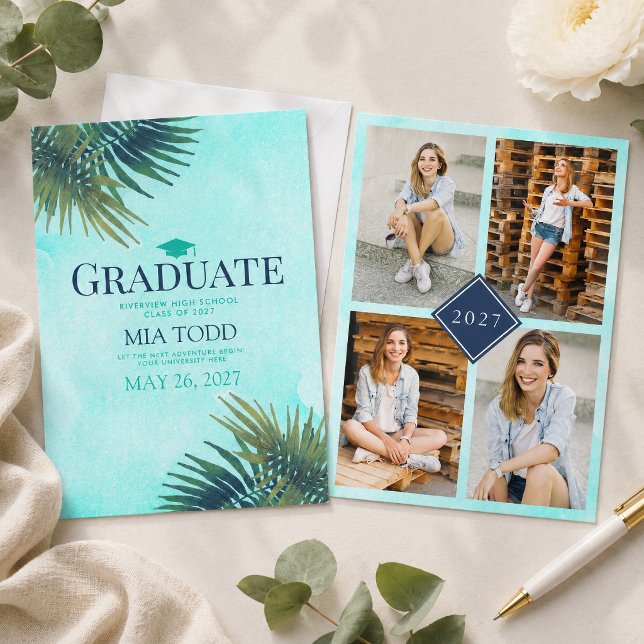 Faire-part de remise de diplômes chic avec feuille (Announce your milestone achievement in true style with this Chic Palm Frond Gold and Teal Graduation)