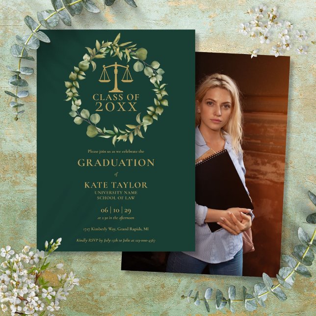 Faire-Part de Remise de Diplômes de l'École de Dro (Emerald Garland Photo Law School Graduation Party Invitation)