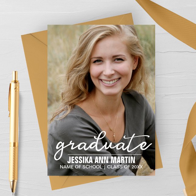 Faire-part de remise de diplômes en calligraphie m (Graduate White Script Modern Photo Graduation Announcement Card)