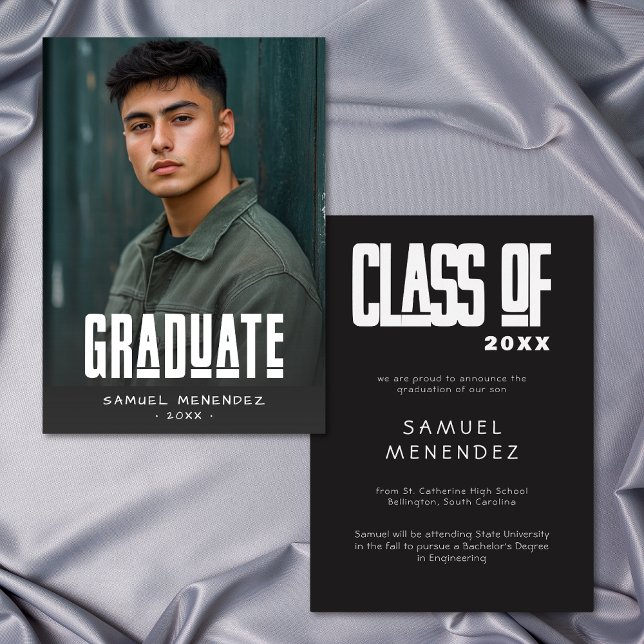 Faire-part de remise de diplômes Moderne Gras Phot (Modern Bold Photo Black Graduation Announcement)