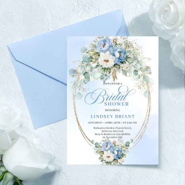 Faire-part de Remise de la Mariée aux Pétales de P (Soft Light Blue Peonies Gold Bridal Shower Invitation)