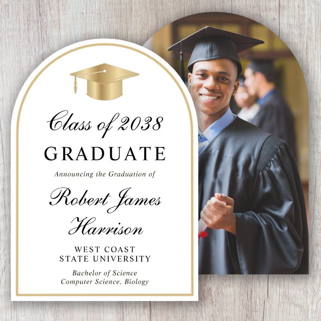Faire-part de remise des diplômes avec arche et ph (Gold Grad Cap Photo Arch Graduation Announcement)
