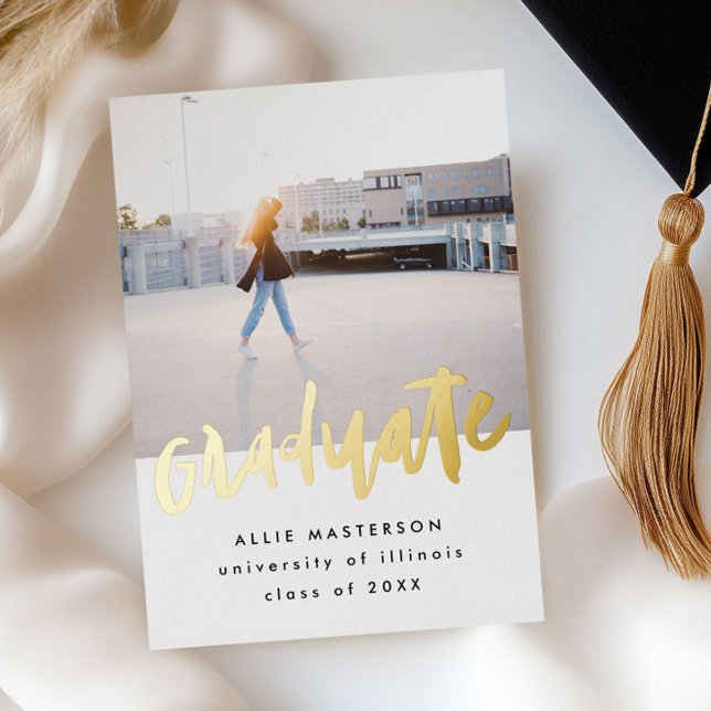 Faire-Part de Remise des Diplômes Doré avec Photo  (Hand Lettered Photo Golden Graduation Announcement)