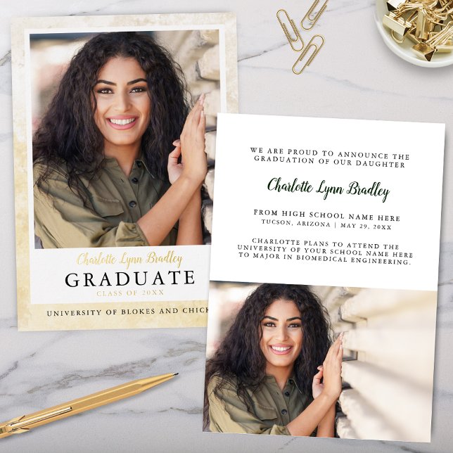 Faire-part de remise des diplômes en or élégant mo (Elegant gold marble with gold foil graduation announcements for high school college or university)