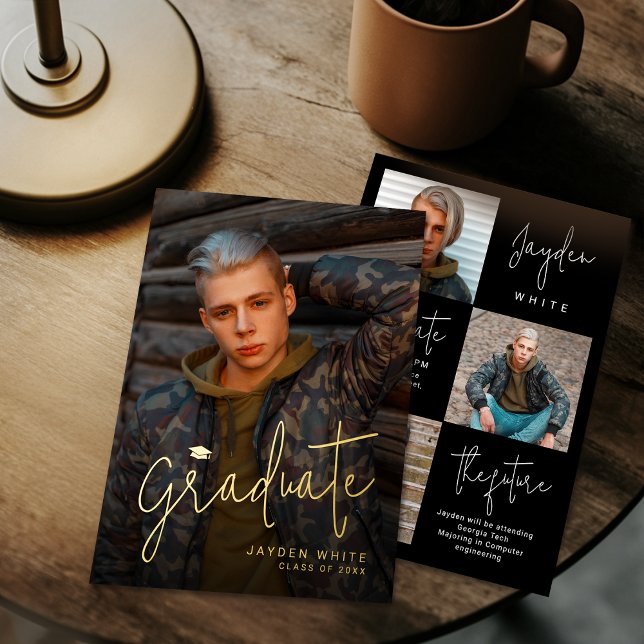 Faire-part de remise des diplômes photo Modern Gol (Modern Gold Script 4 Photo Graduation Announcement)