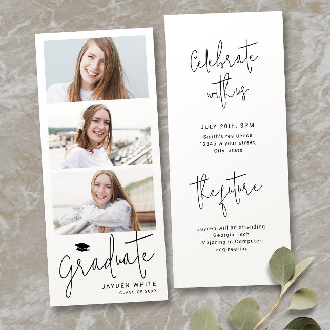 Faire-part de remise des diplômes photo Script Mod (Modern Script 3 Photo Graduation Announcement)