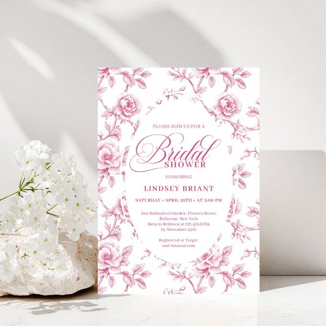 Faire-part de Rentrée Mariage Fleurs de toile de J (Vintage Blush Pink Toile Roses Bridal Shower Invitation)