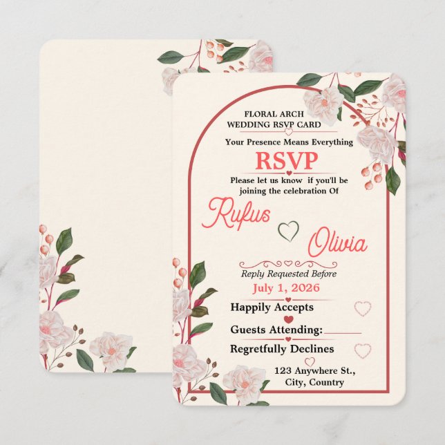 Faire-part de réponse de mariage à l'arche florale (Devant / Derrière)