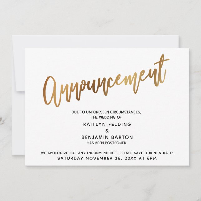 Faire-part de report de mariage en typographie dor (Devant)