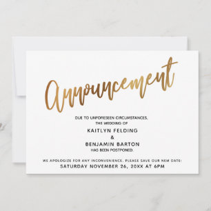 Faire-part de report de mariage en typographie dor