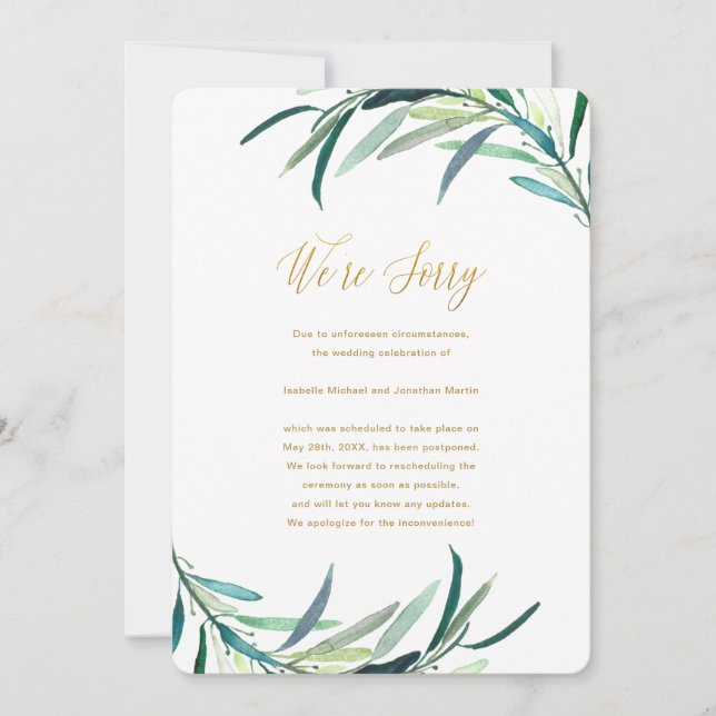 Faire-part de report Mariage Faux Gold Script (Devant)