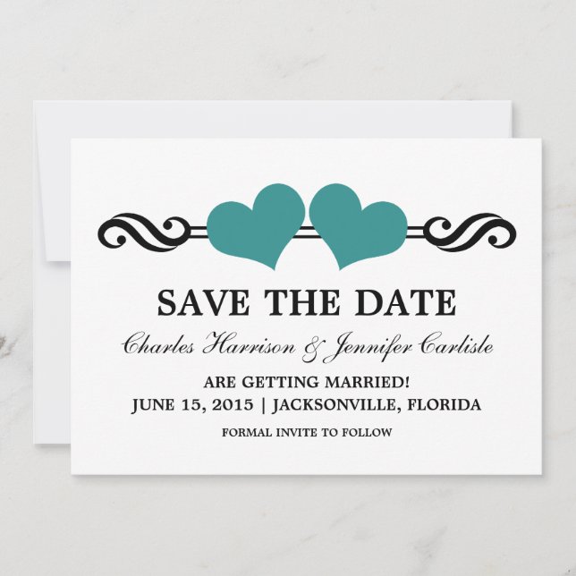 Faire-part de réservation Elegant Hearts, sarcelle (Devant)