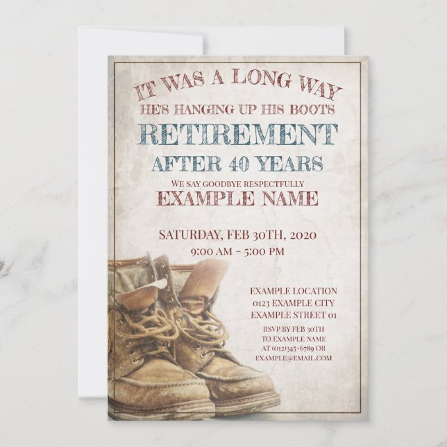 Faire-part de retraite avec de vieilles bottes (Devant)