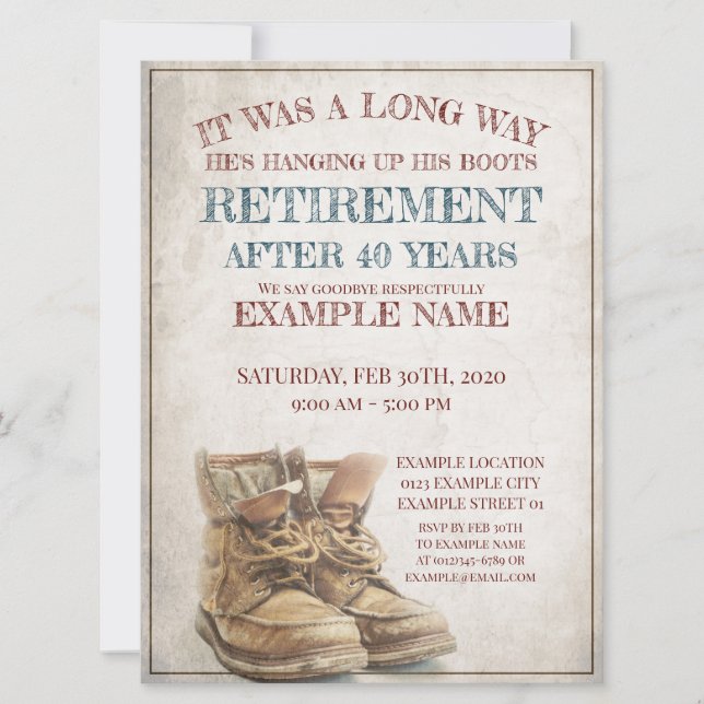 Faire-part de retraite avec de vieilles bottes (Devant)