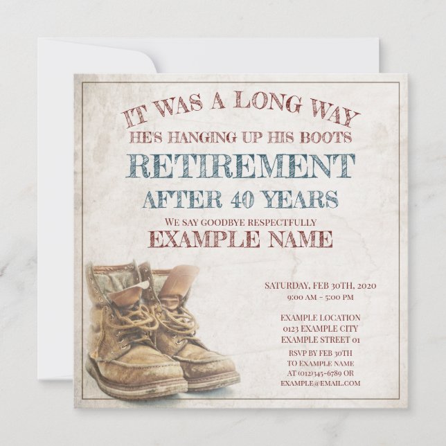 Faire-part de retraite avec de vieilles bottes (Devant)