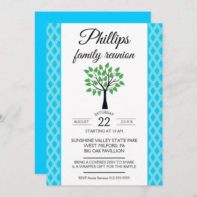 Faire-part de réunion de la famille Lattice bleu e (Devant / Derrière)