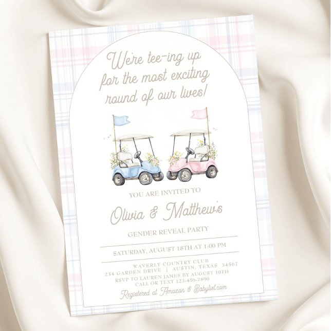 Faire-part de révélation du sexe du bébé - Golf -  (Golf Gender Reveal Invitation – Blue & Pink Golf Carts)