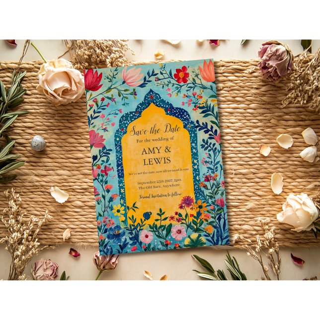 Faire-part de sauvegarde d'été bleu boho floral (Créateur téléchargé)