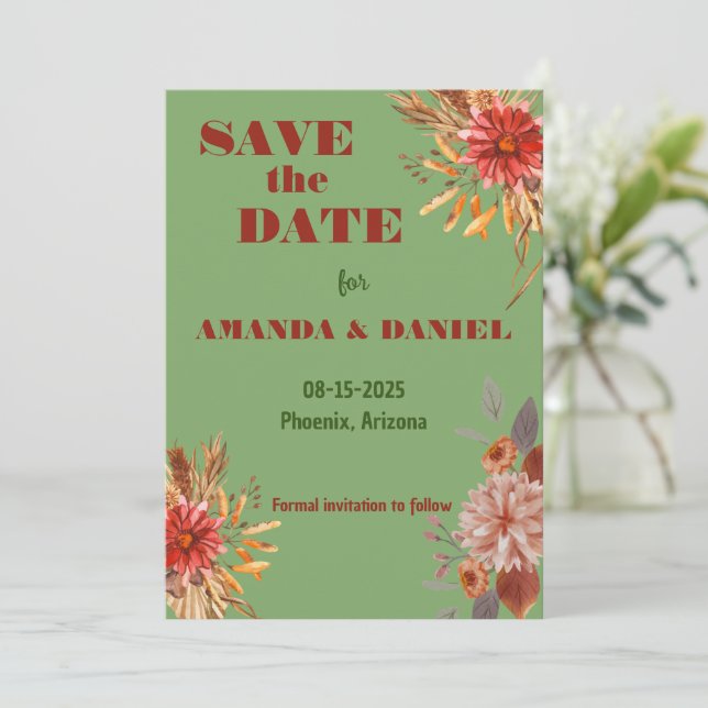 Faire part de save the date floral rustique (Debout devant)