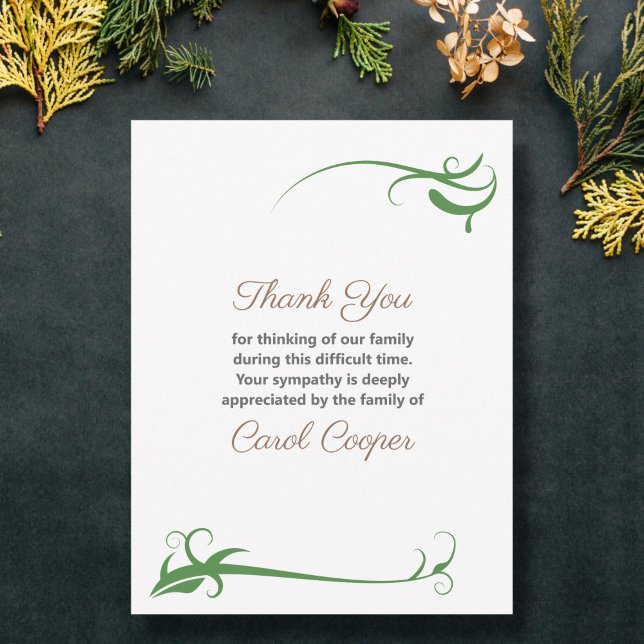 Faire-part décès avec des ornements verts (Funeral Thank You Note Card with floral ornaments)