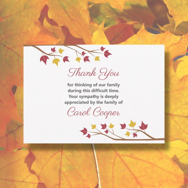 Faire-part décès avec feuilles d'érables (Maple Branch Funeral Thank You Note Card)