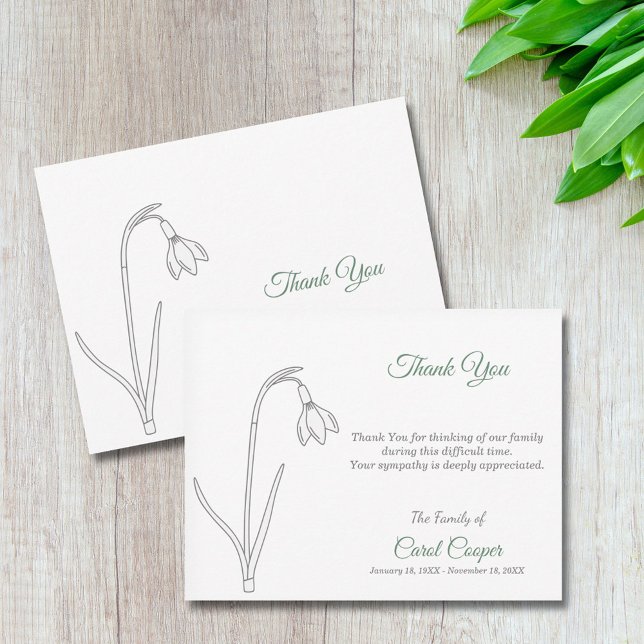 Faire-part décès Perce-neige Dessin au trait (Snowdrop Line Art Funeral Thank You Note Card)