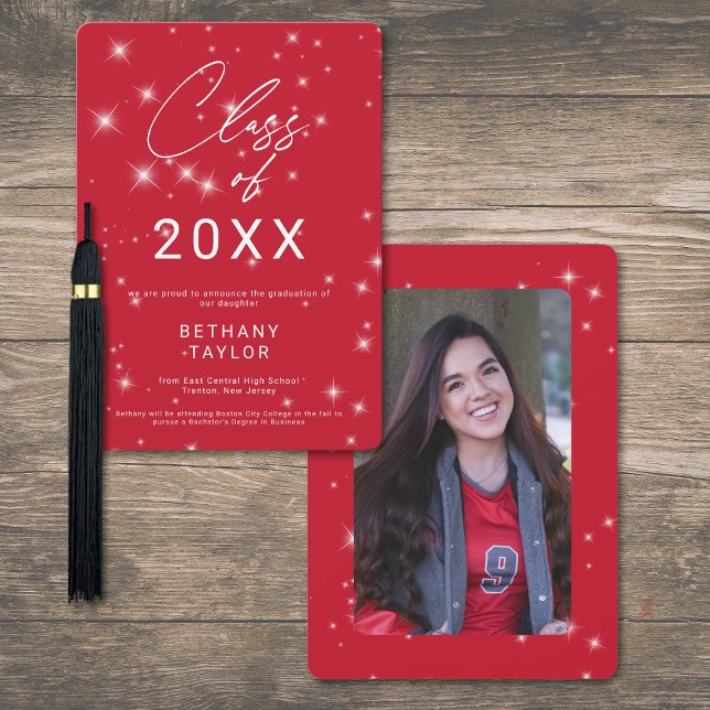 Faire-part Déclaration de remise de diplôme moderne rouge et  (Modern Red & White Sparkle Graduation Announcement)
