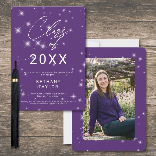 Faire-part Déclaration de remise de diplôme moderne violet et (Modern Purple & White Sparkle Graduation Announcement)