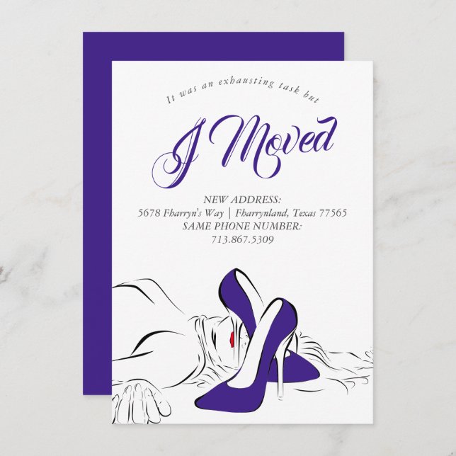 Faire-part Déménager est épuisant | Fun Purple Diva Nouvelle  (Devant / Derrière)