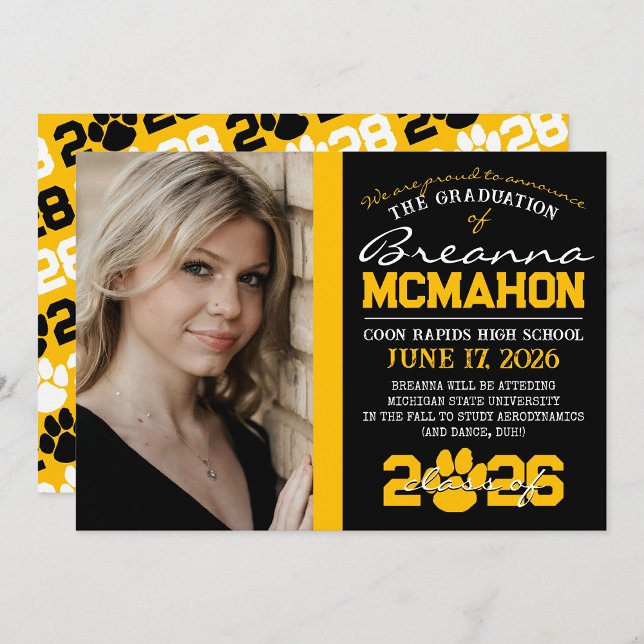 Faire-part d'Empreinte de patte noir et or (Repeating Class Year 1 & 2 Photo Graduation Invitations & Announcements (Paw Print Version})