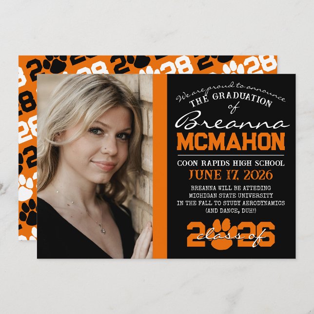 Faire-part d'Empreinte de patte noir et orange (Repeating Class Year 1 & 2 Photo Graduation Invitations & Announcements (Paw Print Version))