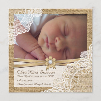 Faire-part Dentelle élégante sur burlap photo bébé fille nais