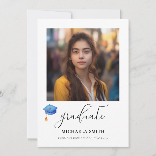 Faire-part Design moderne Script Diplômé Photo Bleu Graduatio (Devant)