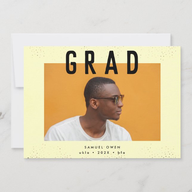 Faire-part Designer Black Yellow Text Moderne Deux Photo Grad (Devant)