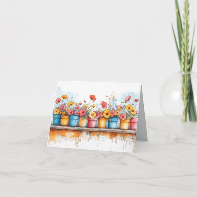 Faire-part Dessin couleur pastel avec pots de fleurs (Devant)