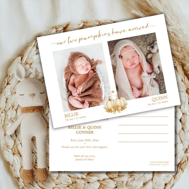 Faire-part Deux Petits Citrouilles Annonce Photo de Bébé Jume (Créateur téléchargé)