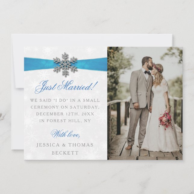 Faire-part Diamante Snowflake & Blue Ribbon Mariage d'hiver (Devant)