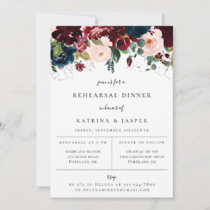 Faire-part Dîner de répétition floral Navy Burgundy Blush