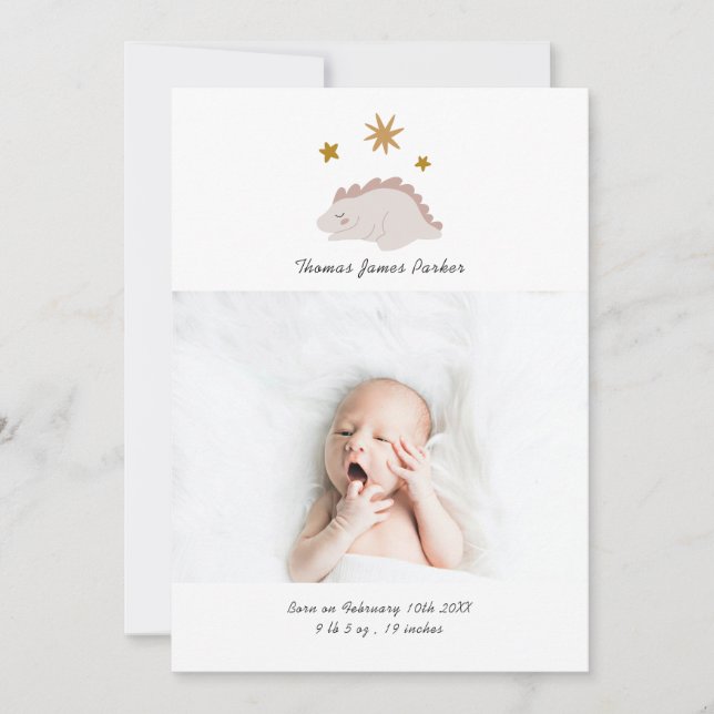 Faire-part Dinosaure rose mignonne Fille Bébé Photo naissance (Devant)