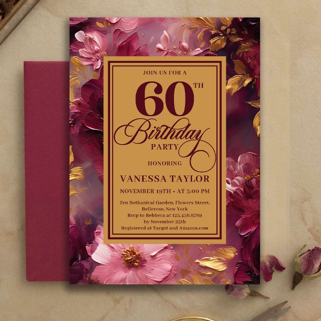Faire-part d'invitation 60 ans Anniversaire Charma (Charming 60th Birthday Burgundy Roses Gold Invitation)