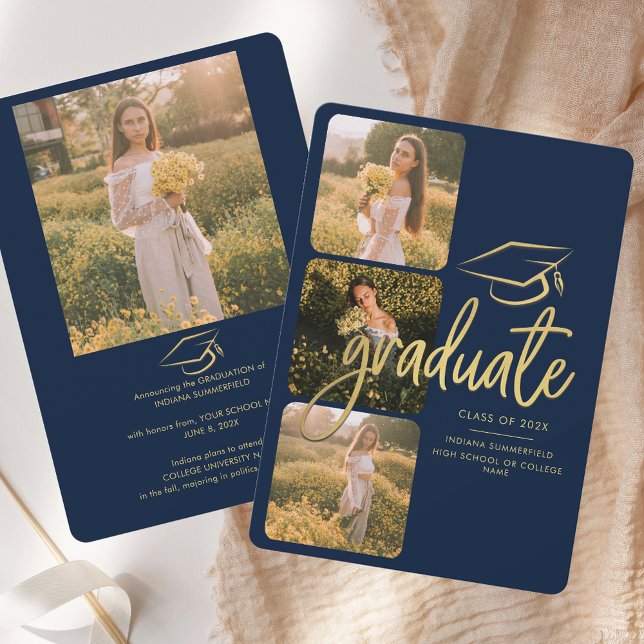 Faire-part Diplôme 2026 Photos de promo Script Bleu marine (Graduation 2025 Grad Photos Script Navy Blue Announcement)