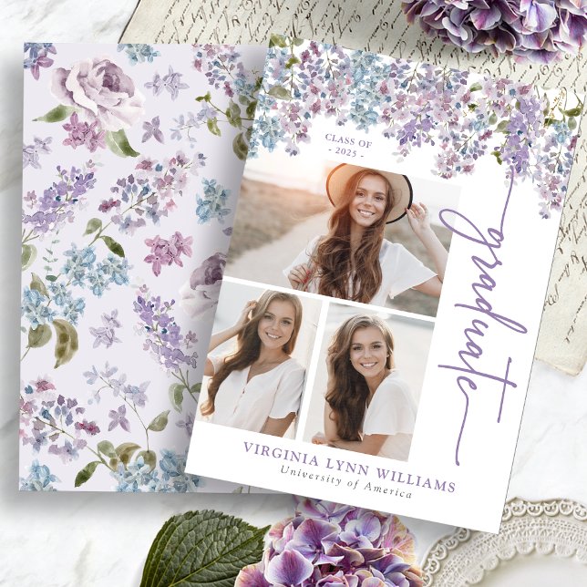 Faire-part Diplômé aux fleurs violettes (Watercolor Purple Floral Lilac Graduation Announcement by Painted Paperie
)