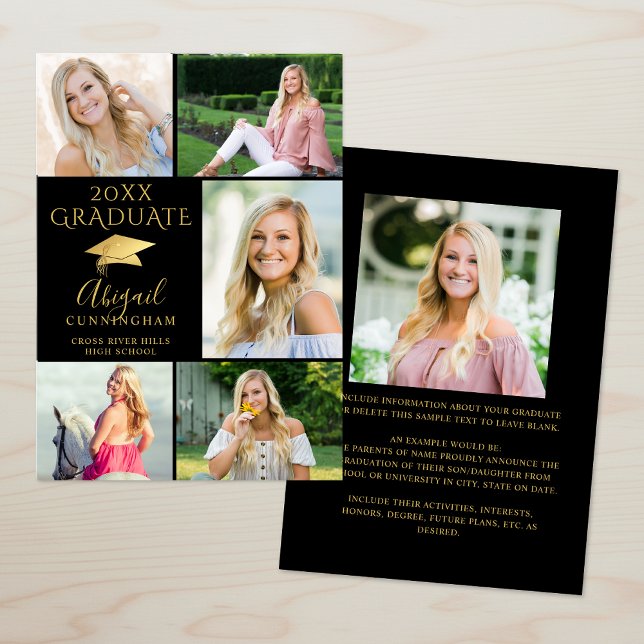 Faire-part Diplômé de Collage Photo 6 Or Noir Élégant (Créateur téléchargé)