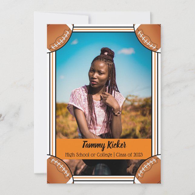 Faire-part Diplômé de football Orange & Noir (Devant)