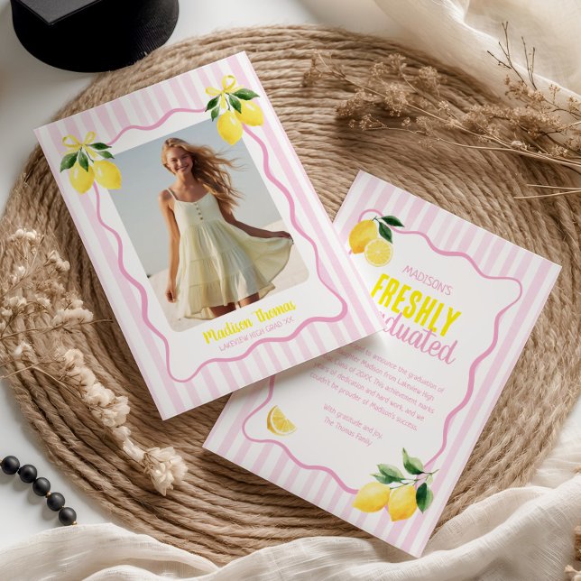 Faire-part Diplômé de frais Rayures roses citron diplômé (Créateur téléchargé)