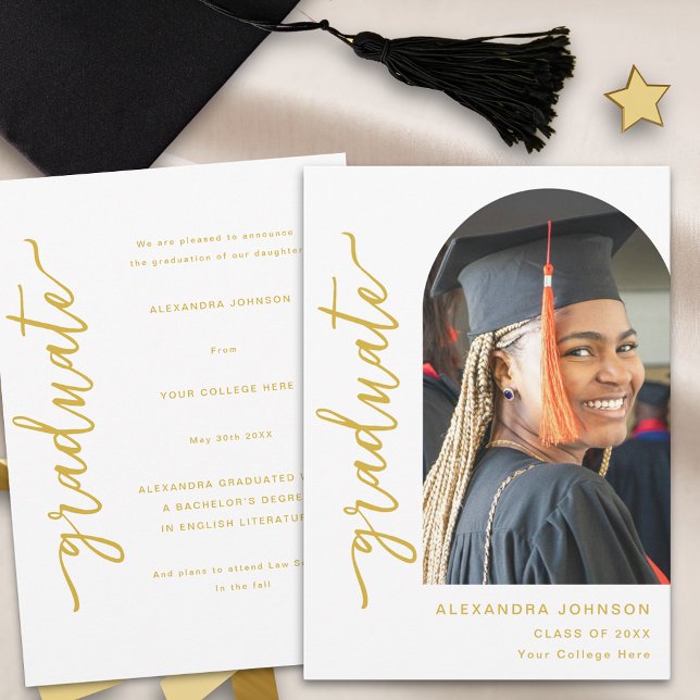 Faire-part Diplômé de la photo d'architecture moderne (Modern elegant arch photo white and gold script graduation announcement card Stylish trendy chic)
