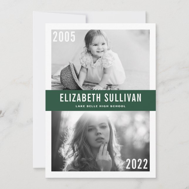 Faire-part Diplômé de la promotion 2022 Green Then and Now (Devant)